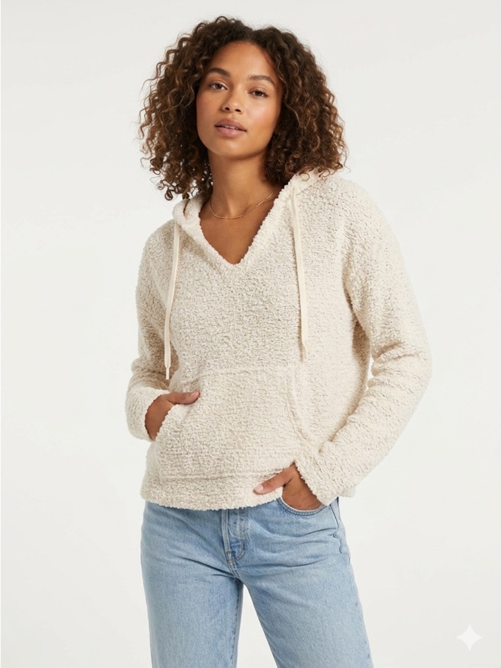 Beyond Yoga Cloud Cover Hoodie V-Neck Boucle Fleece Cream Small